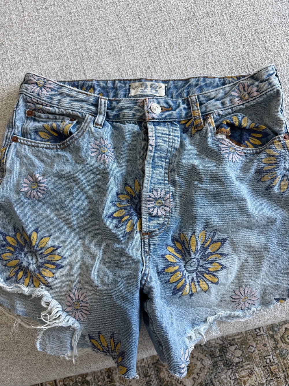 We The Free Light Blue Denim Shorts with Yellow & Pink Floral Print